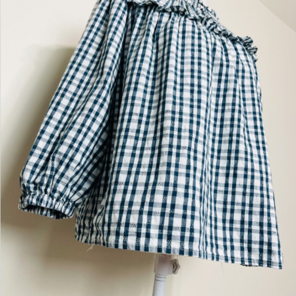 G00331 Universal Threads Blouse Teal White Gingham Ruffle Long Sleeve MEDIUM - Picture 5 of 10
